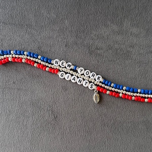 Giants Football Bracelet Stack – 3-Piece Red, Blue & Silver Stretch Bracelet Set with Football Charm, NY Fan Gift