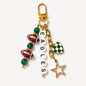 Eagles Football Beaded Keychain: Gold Bag Charm with Enamel Heart and Star image 2