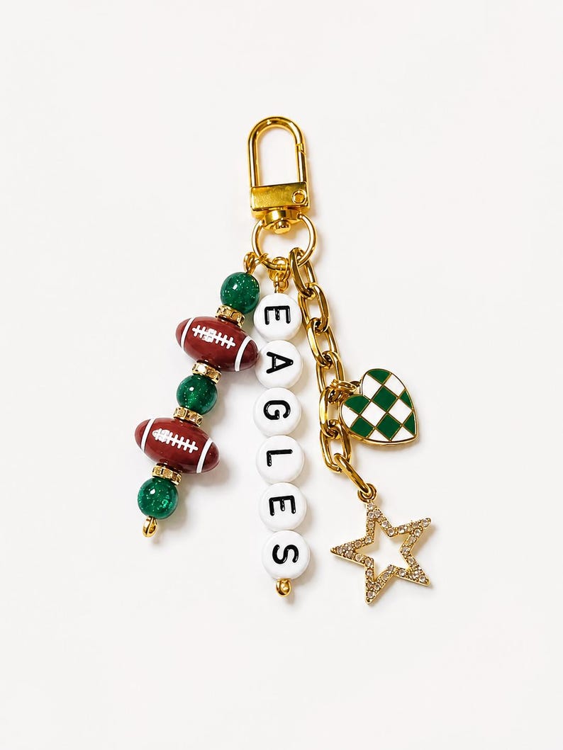 Eagles Football Beaded Keychain: Gold Bag Charm with Enamel Heart and Star image 2