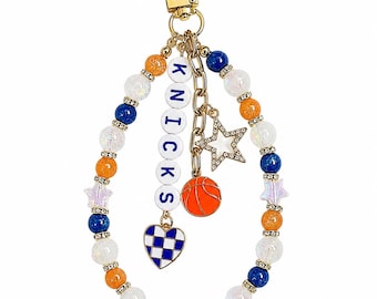 Knicks Basketball Bag Charm: Handmade Blue, Orange & White Beaded Keychain with Charms