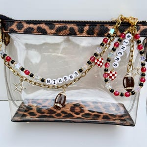 Niners Beaded Bag Charm or Gold Chain – Red & Black Football Purse Accessory, 6” Charm, 12.5” Chain, Game Day Bag Jewelry
