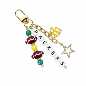 Packers Football Beaded Keychain: Gold Bag Charm with Heart and Star