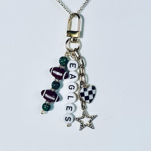 Eagles Football Beaded Keychain: Gold Bag Charm with Enamel Heart and Star