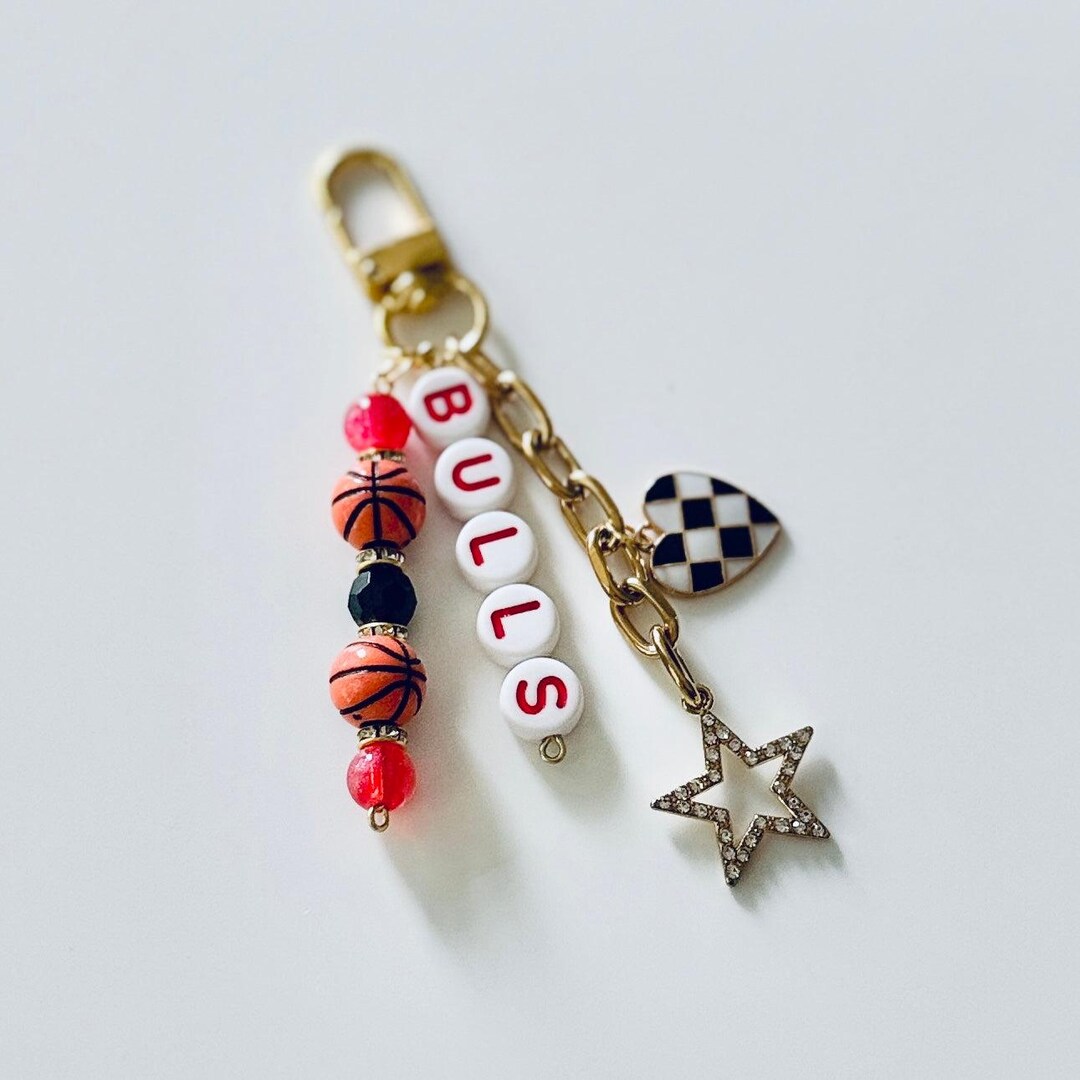 Bulls Basketball Keychain – Gold, Red & Black Beaded Keychain With Star ...