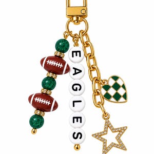 Eagles Football Beaded Keychain: Gold Bag Charm with Enamel Heart and Star image 1
