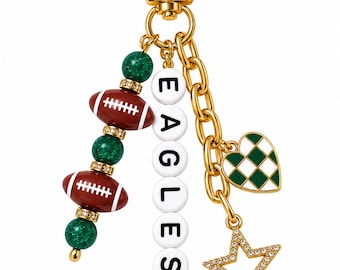 Eagles Football Beaded Keychain: Gold Bag Charm with Enamel Heart and Star