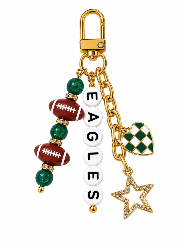 Eagles Football Beaded Keychain: Gold Bag Charm with Enamel Heart and Star image 1