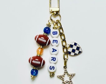 Bears Football Beaded Keychain: Gold Bag Charm with Enamel Heart and Star