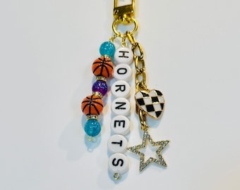 Hornets Basketball Keychain – Gold, Teal, Purple and White Beaded Keychain with Star and Heart Charms