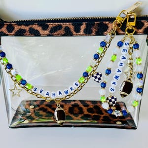 Seahawks Football Bag Charm or Chain – Blue Green Beaded Keychain or Stadium Purse Clip – Game Day Accessory – Handmade Gift