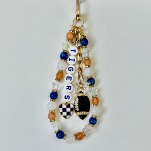 Tigers College Football, Basketball, Baseball Bag Charm: Blue & Orange Beaded Keychain with Charms