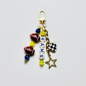 Rams Football Beaded Keychain: Gold Bag Charm with Enamel Heart and Star