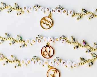Sternzeichen Bettelarmband: klarer Quarz Kristall, personalisierter Astrologie Schmuck