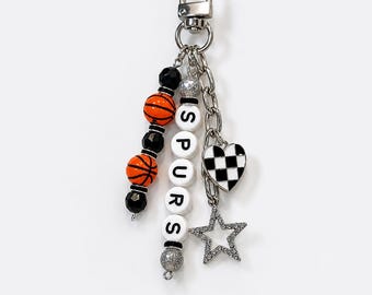 Spurs Basketball Keychain – Silver, Black and White Beaded Keychain with Star and Heart Charms
