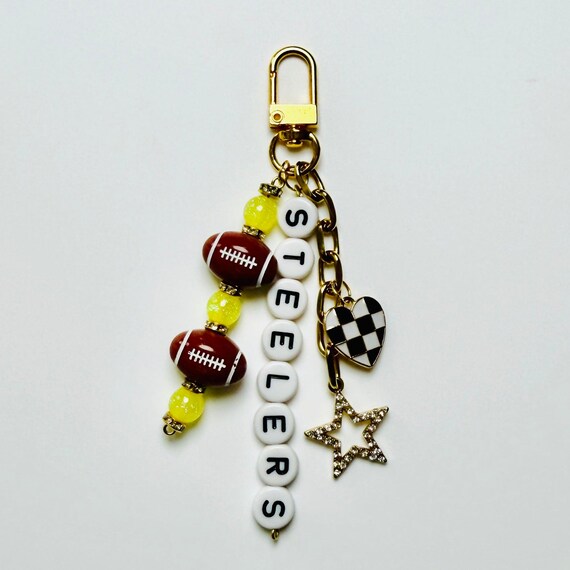 Steelers Football Beaded Keychain: Gold Bag Charm With Enamel