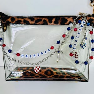Patriots Football Bag Charm or Chain – Red White Blue Beaded Keychain or Purse Accessory – Game Day Stadium Bag Clip – Handmade Gift