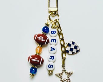Bears Football Beaded Keychain: Gold Bag Charm with Enamel Heart and Star