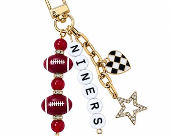 Niners Football Beaded Keychain: Gold Bag Charm with Enamel Heart and Star