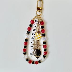 Sun Devils College Football Bag Charm – Red, Gold & Black Beaded Keychain with Charms – Game Day Purse Clip – Handmade Gift