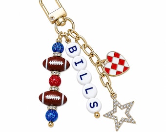 Bills Football Beaded Keychain: Gold Bag Charm with Enamel Heart and Star