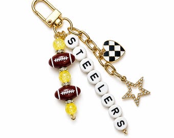 Steelers Football Beaded Keychain: Gold Bag Charm with Enamel Heart and Star