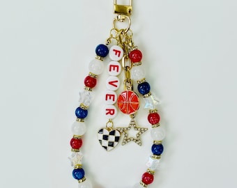 Fever Basketball Bag Charm: Handmade Red, White & Blue Beaded Keychain with Charms