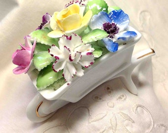 Royal Doulton Flower Bouquet made of Bone China in a Mini Wheelbarrow Romantic Cute Decor Mom Gift