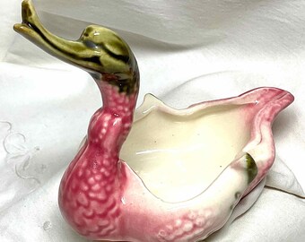 Cenicero de pato o cisne de pico largo, plato o jardinera de cerámica rosa, decoración kitsch vintage