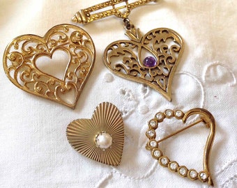 Heart Brooches Vintage MCM Gold tone metal Pins One marked CORO  Minor Wear Tarnished Gift Tag embellishment