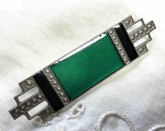 Bex Style Green Enamel Art Deco Revival Vintage Bar Brooch with Silvertone Metal Backing