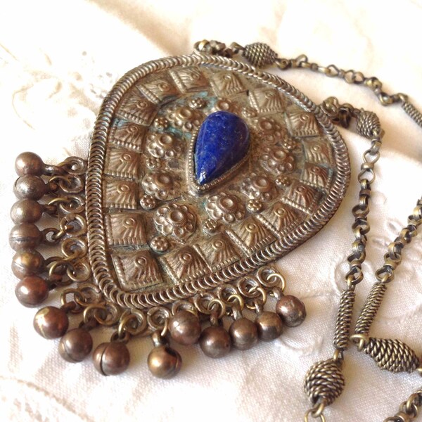 Ethnic Tribal Necklace - Blue Lapis Lazuli Inset Stone - Silver Tone Metal - 24"chain Pendant is 4"- Boho style - Belly Dancer Jewelry