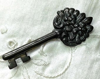 Sterling Silver Key Brooch in Black, Floral Mourning Jewelry
