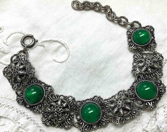 Vintage Filigree Bracelet Green Cabochons Silver tone Metal