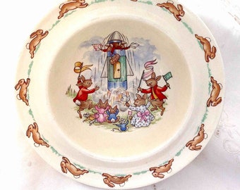 Lanzamiento de cohetes Royal Doulton Bunnykins Bowl Conejitos vintage Anima a tus compañeros astronautas Úsalo como plato de cereal con conejos o como regalo de Pascua