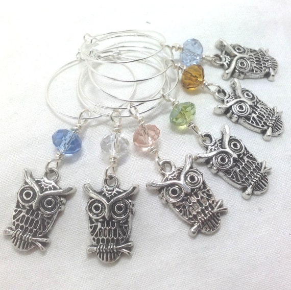 Items similar to Owl Wine Glass Charms Set of 6 Crystal Beaded Blue
