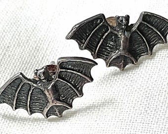 Bat Earrings Sterling Silver Tiny Oxidized Halloween Jewelry, Vintage Gothic Punk Silver 925