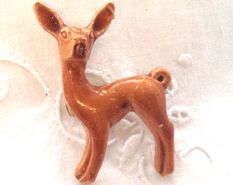 Vintage 1940s Caramel Brown Fawn Brooch Pin, Celluloid Deer Jewelry