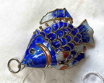 Vintage Fish Pendant Articulated Gold Tone Metal with Enamel in Blue White and Rust