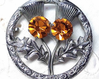 Thistle Brooch Scottish MIZPAH Bling Shawl Pin Celtic Silver Tone Metal with Golden Citrine Glass Rhinestones