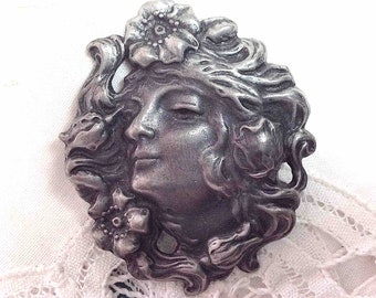 Art Nouveau Style Brooch Lady Face Shawl Pin Woman with Flowing Hair and Flowers Vintage Silver Tone Metal