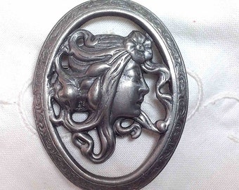 Art Nouveau Style Brooch Vintage Lady Face Shawl Pin Woman with Flowing Hair and Flower Silver Tone Metal