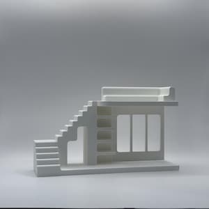 May include: A white architectural model with a staircase, a multi-windowed facade, and a flat roof. The model has a minimalist design with clean lines and a modern aesthetic. The structure is made of a solid, opaque material.