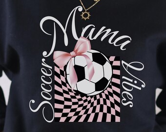 Soccer Mama Sweatshirt gift for Mom shirt pink bow shirt soccer momma sweatshirt checkered mama soccer bow shirt crew neck Gildan 18000
