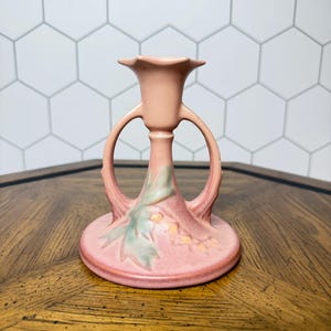 Roseville pottery candlestick holder, the "Iris" or "Bleeding Heart" pattern, 1940s