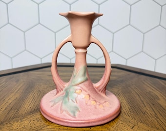 Roseville pottery candlestick holder, the "Iris" or "Bleeding Heart" pattern, 1940s