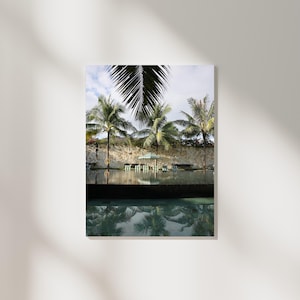 May include: A tropical resort pool with palm trees and a green umbrella. The pool is surrounded by a stone wall and lush greenery.