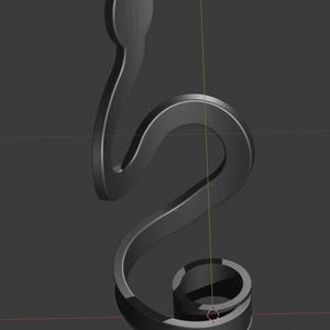 May include: A 3D-rendered, dark gray, abstract sculpture. The design features a flowing, serpentine shape with a rounded top and a coiled base. The sculpture has a smooth, metallic appearance and is set against a dark gray background.