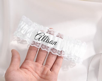 Personalized White Wedding Garter for Brides. Customized Name lace Garter. Prom Garter, Throw keepsake leg Garter, Bridal Shower Gift