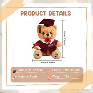 May include: A plush graduation bear, approximately 9.44 inches tall, wearing a maroon graduation cap and gown with a red bow tie. The bear holds a diploma and has the name "Mason" embroidered on the gown.