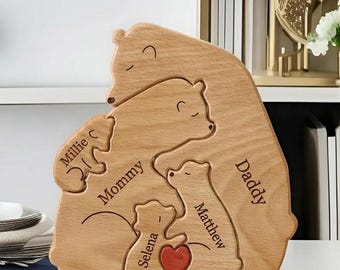 Personalized Wooden Bear Family Puzzle, Custom Engraved Name Puzzle for Family Home Décor, Family Keepsake, Hugging Bear Family, Baby puzzle
